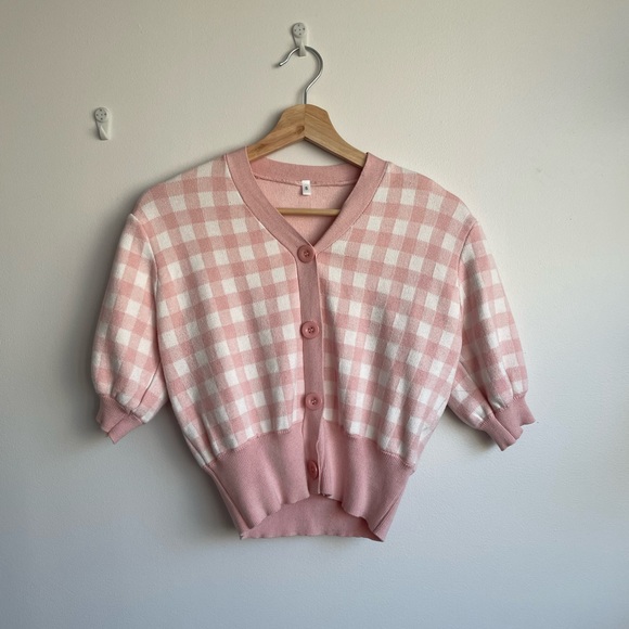 JING official gingham pink short sleeve sweater - Picture 1 of 4